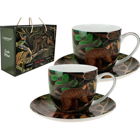 Set aus 2 Tassen mit Untertassen, exotisches Flair, exotische Blumen – Geschenkidee (1/5)
