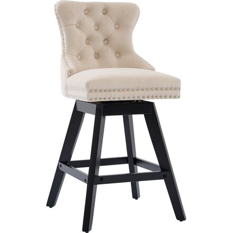 Tabourets de bar pivotants en velours beige avec dossier capitonné et pieds en bois naturel, lot de 2 (1/5)