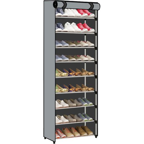 Étagère à chaussures haute à 10 niveaux, grande capacité, structure métallique anti-poussière, armoire de rangement à chaussures avec couvercle pour entrée, grise (1/5)