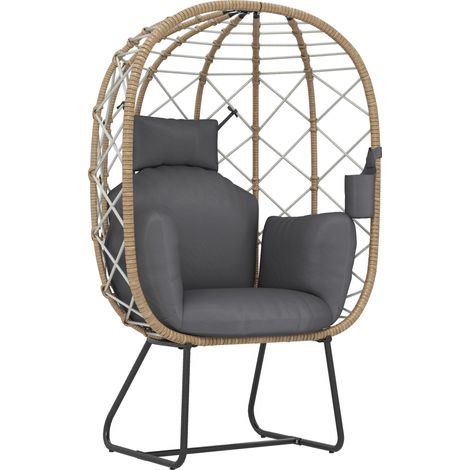 Rattan Egg Chair Outdoor Indoor Wicker Chair with Thickened Cushion and Headrest, Standing Garden Egg Chair with Cup Holder, Metal Frame for Patio, Balcony, Brown