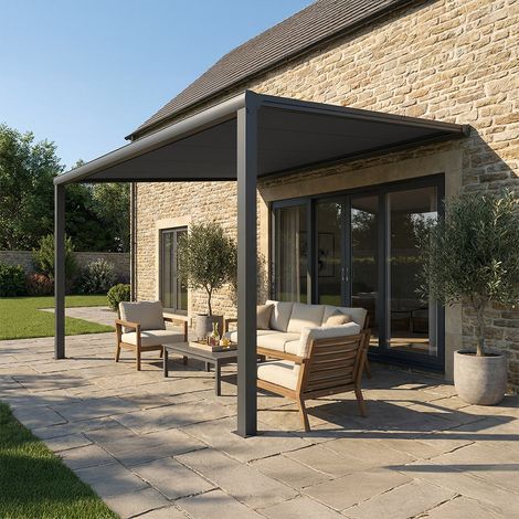 Pergola toile QUARTZ (Motorisation à télécommande + Manœuvre de secours - Gris anthracite RAL 7016 - Gris foncé 250g/m² - 4.00 x 3.00 m (1 module, 2 poteaux)) (1/5)