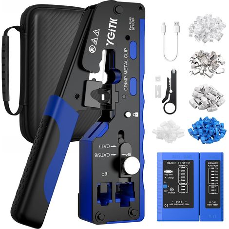 RJ45 Crimping Tool Kit RJ45 Network Cable Tester with Stripper and CAT6 Crystal Head Gold Plated for CAT5/CAT6/CAT6A/CAT7 Network Connector (1/5)