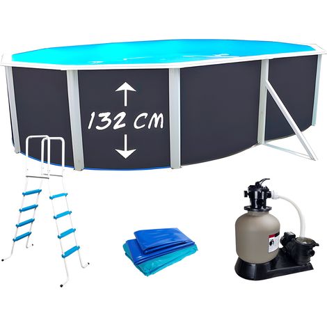 Piscine hors sol acier ovale 550x366x132cm – Parois laquées anthracite – Filtration à sable 8m³/h – Capacité 21.500L – TOI (1/5)