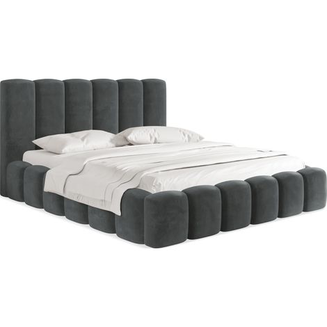 Polsterbett 160x200 mit Bettkasten und Lattenrost – Grau Bett mit hohem Kopfteil, Boucle oder Samt Stoff - Modernes Doppelbett mit Stauraum – Bettgestell, ohne Matratze – Serenity - Grau