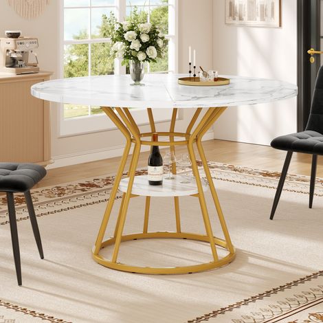 Runder Esstisch MDF mit Marmoroptik und Metallgestell Gold, Ø100x76 cm, mit Ablage (1/5)