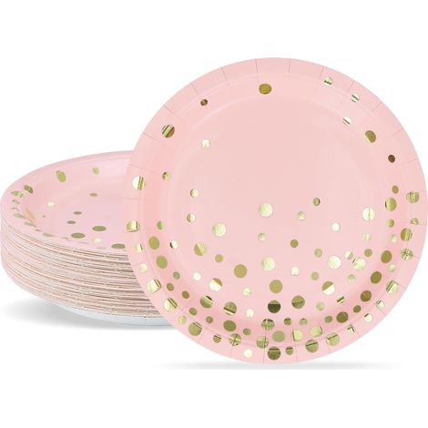 Lot de 50 Assiettes en papier, 18cm Rond, Rose avec feuille d'or, Pour fête et anniversaire