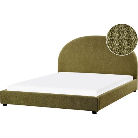 Lit Double Minimaliste en Tissu Bouclé 160 x 200 cm Tête de Lit Demi-Ronde Vert Olive Vaucluse (1/5)