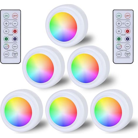 6x Spots LED RGB alimentés par piles avec télécommande, 16 changements de couleur Éclairage de placard Dimmable Éclairage de soubassement Sans fil Lampe LED tactile avec minuteur et fonction mémoire