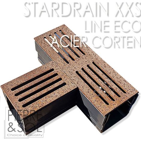 Caniveau XXS MINI L 6,5 cm Grille acier Corten - StarDrain - LINE ECO - Pièce en T
