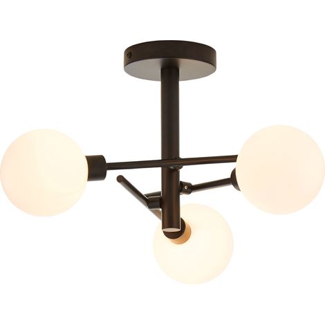 Litecraft Supa Ceiling Light Semi Flush 3 Arm With White Glass Shades - Black (1/5)