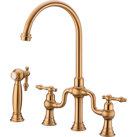 Robinet de Cuisine, RKF0398 Rétro Cuisine Robinet avec Pulvérisateur Latéral, 4 Trous 2 Poignées Mitigeur Cuisine, 59A Laiton, pour Eau Froide et Chaude (1/5)