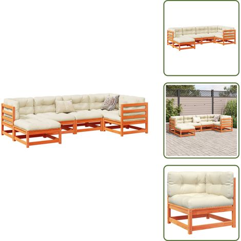 The Living Store Salon de jardin 6 pcs avec coussins cire marron bois pin massif - Ensemble Salon De Jardin - Salon Extérieur - Meuble Jardin - Mobilier De Jardin - Canapé D'angle
