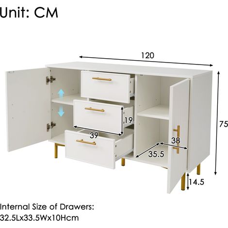 Commode blanche 2 portes 3 tiroirs, étagère ajustable, meuble de rangement pour salon ou chambre, Blanc - H75 x L120 x P40 cm