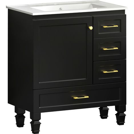 Meuble de salle de bains noir 75 cm avec grand espace de rangement – 1 porte à fermeture douce et 3 tiroirs (1/5)