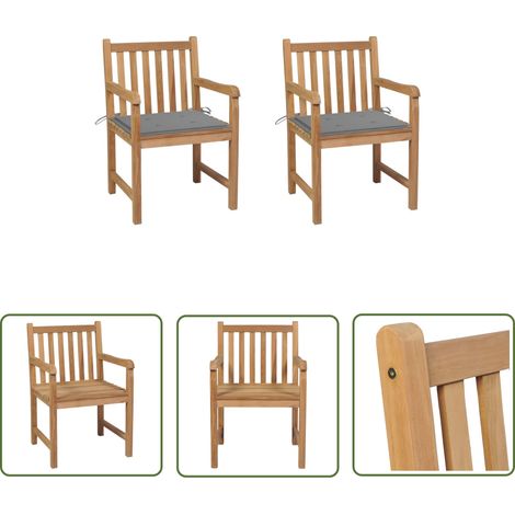 The Living Store Chaises de jardin lot de 2 et coussins gris Bois de teck massif - Chaise De Jardin - Fauteuil De Jardin - Mobilier De Jardin - Terrasse - Décoration Extérieure (1/5)