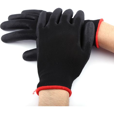 Gants de travail noirs en nylon et PU avec paume enduite, bande rouge, taille M (1/5)