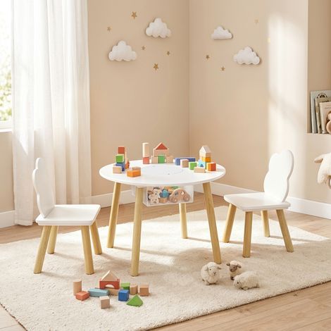 Table enfant avec chaise, ensemble table et 2 chaises en bois avec sac de rangement pour dessiner, jouer, étudier, blanc (1/5)