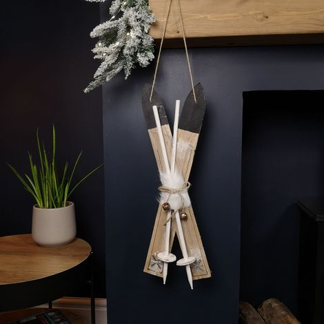 55cm Wooden Skis with Decorative White Fur and Silver Bells Christmas Decoration (1/5)