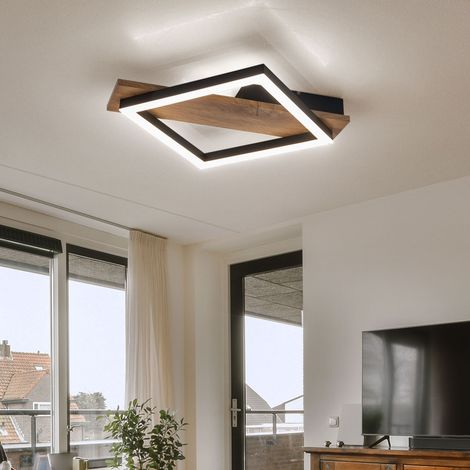LED Deckenlampe Designlampe Wohnzimmerleuchte Esszimmerleuchte Küchenlampe, Metall Holzoptik Kunststoff schwarz, 12W 600lm 3000K warmweiß, H 5,5 cm