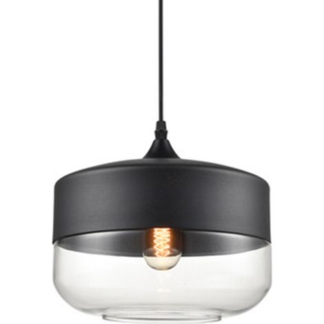 Lampada a Sospensione, Lampada da Soffitto in Vetro, Illuminazione con Paralume Trasparente per Soggiorno Sala da Pranzo Nero - Ø25cm Cilindro Piatto