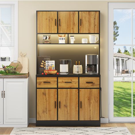 Mueble buffet de cocina 100x40x180 cm con LED, tomas USB, negro y madera natural DESVIAE (1/5)