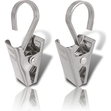 Packung mit 100 flachen und breiten Duschvorhangclips aus silberfarbenem Edelstahl. (1/5)