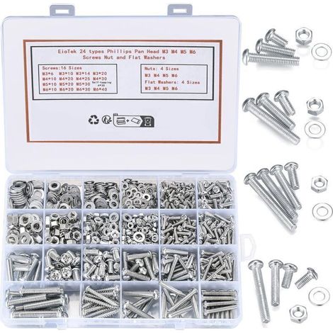 1080 pièces Ensemble de vis et écrous à tête cylindrique Phillips, M3/M4/M5/M6 Vis autotaraudeuses à tête plate, boulons, écrous, rondelles plates de blocage, kit d'assortiment pour accessoires de fix (1/4)