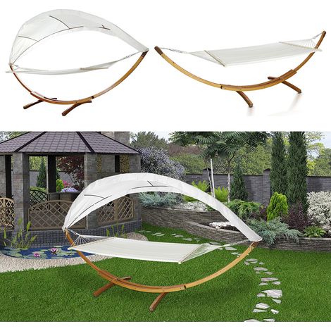 TolleTour Hängematte mit Gestell, Massivholz Hängeschaukel mit Markise, 415cmx150cmx210cm - Gartenliege mit Holzständer