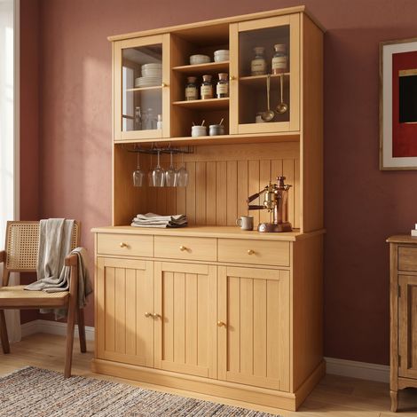 Buffet haut avec portes vitrées et grand rangement meuble de cuisine salle à manger vaisselier en panneaux bois naturel 120x40x191 cm