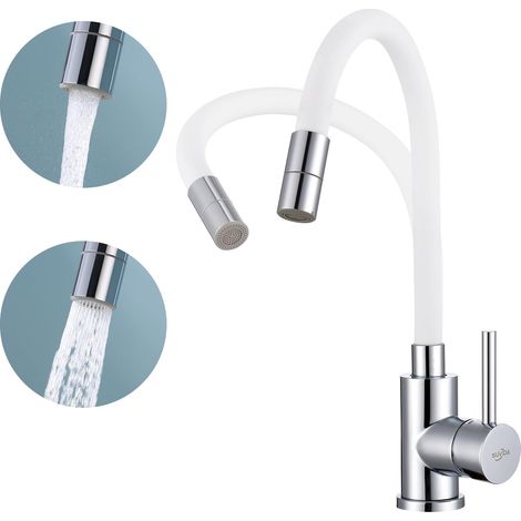 Robinet Cuisine Flexible, Robinet d'évier de Cuisine avec 2 Types de Jet d'eau, Mitigeur d'Evier Orientable à 360°, Robinets Haute pression, Acier Inoxydable (Blanc avec 2 Modes) (1/5)