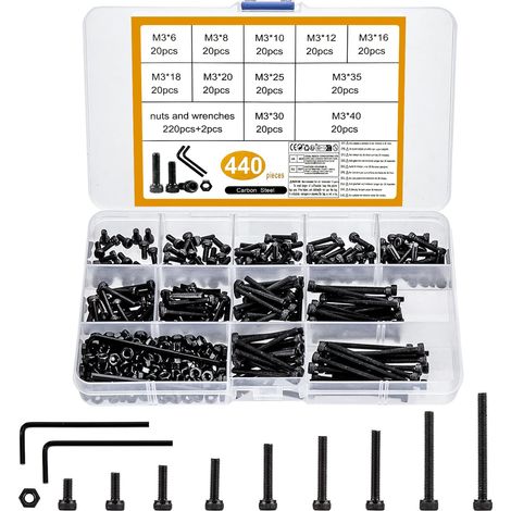 440 Pièces vis à tête creuse noires M3, kit avec écrous,rondelles et 2 clés Vis en acier allié pour fixation, convient parfaitement aux travaux de bricolage et réparation (1/5)