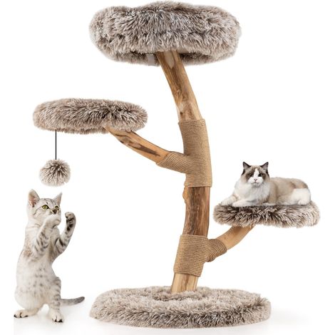 COSTWAY Albero per Gatti 90 cm, Torre per Gatti in Legno con Piattaforma in Tessuto in Pile Lungo, Tiragraffi in Juta e Pallina Pendente, Cuccia per Animali Domestici (1/5)
