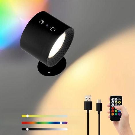 Applique murale rechargeable USB, rotation à 360°, éclairage double face, 3 températures de couleur RVB (noir, 1 pièce) (1/5)