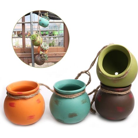 Macetero colgante decorativo con 4 macetas de cerámica en miniatura y cuerda de yute, azul, verde, naranja, marrón, con orificios de drenaje, 60 cm de largo. (1/5)