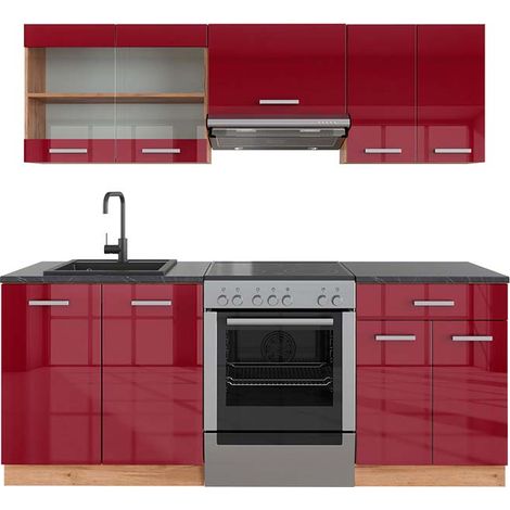 Cucina componibile R-Line, Bordeaux lucido/rovere dorato, 200 cm , PL Antracite, Vicco