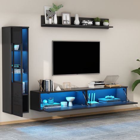 MEUBLIV meuble TV mural 180 cm noir LED 3 pièces – avec vitrine et étagère (1/5)