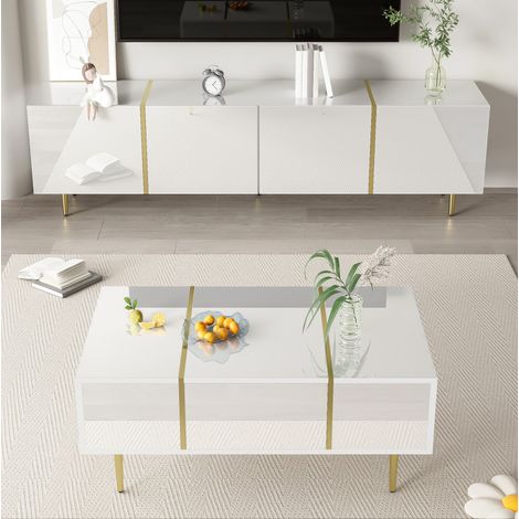 Wohnzimmermöbel-Set 170x35x46 cm / 100x60x41.5 cm Weiß MDF Hochglanz mit Stauraum (1/5)