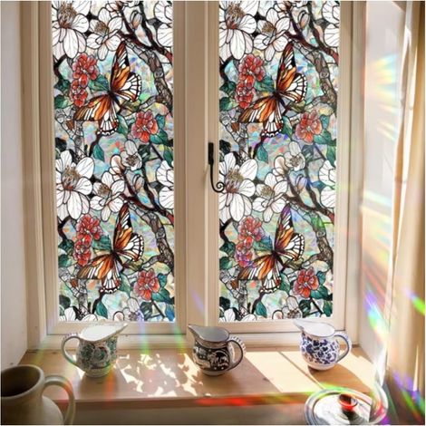 Film adhésif pour vitres à motif floral, effet vitrail, arc-en-ciel, anti-UV et statique (papillon) - 1 pièce (1/4)
