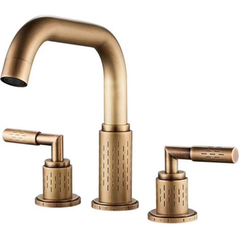 Robinet lavabo 3 trous en laiton gris avec poignées doubles pivotantes, mitigeur eau chaude froide, design moderne salle de bain élégante (1/5)