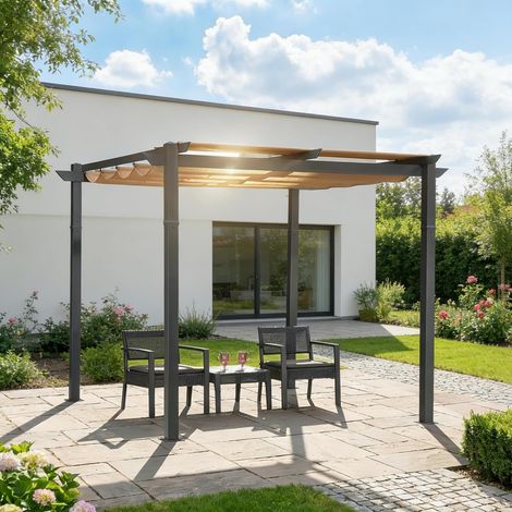 PURPLE LEAF Pergola Jardin Extérieure Rétractable en Aluminium, Cadre Gris, avec Double Auvent Pare-soleil, 3 x 3 m, Beige