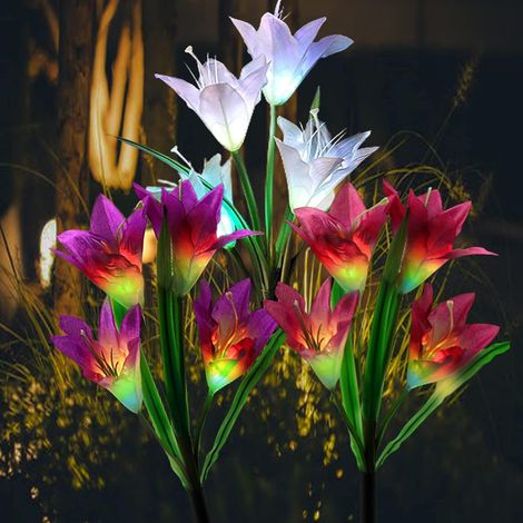 Lot de 3 lampes solaires d'extérieur - Fleurs de lys colorées - Combinaison multicolore - Alimentation solaire - Étanche - Lampe d'extérieur à LED pour cour, parterres de fleurs, pelouse (1/5)
