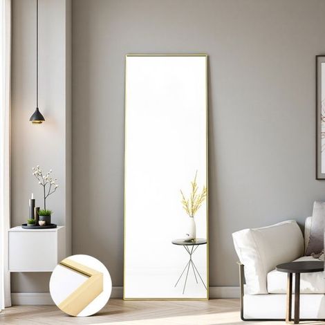 Miroir sur Pied - 150x40cm - Aluminium Doré - Verre Trempé - Anti-éclats Certifié NF