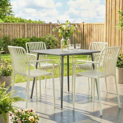 Fauteuil de jardin 4 pièces ergonomique chaises empilables design à lamelles accoudoirs crème blanc (1/5)