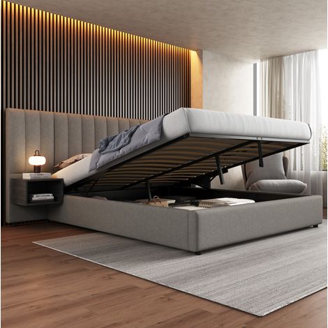 Cama de almacenamiento de lino gris de 180x200 cm con somier de láminas, sistema hidráulico y 2 mesitas de noche negras. (1/5)