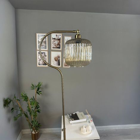 Lampadaire Aureon Verre, Moderne, Lampadaire pour Salon, Chambre à Coucher, Chambre d'enfant avec Douille E27, Largeur 37 cm, Abat-jour Réglable, Lampadaire avec Tablette et Variateur (1/4)