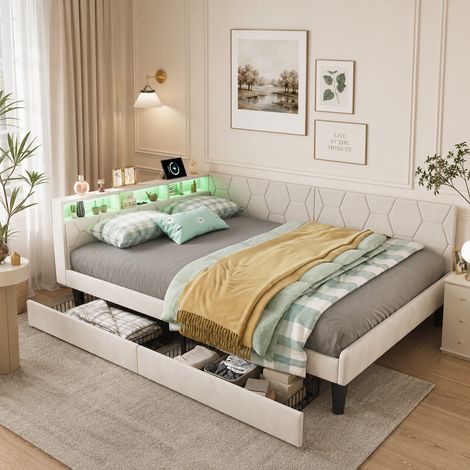 Lit coffre 140x200cm, lumière LED, lit capitonné avec port USB, lit double avec 2 tiroirs, grande capacité, barrières de sécurité réglables, style moderne,sommier à lattes, lit adulte, Velours,Beige (1/5)