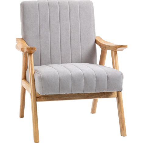 Fauteuil lounge avec accoudoirs en bois de caoutchouc gris clair style scandinave (1/5)