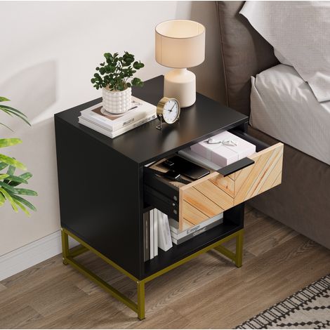 REDOM - Comodino 43x40x55 cm, con cassetto e vano aperto, stile moderno, MDF, nero e naturale (1/5)