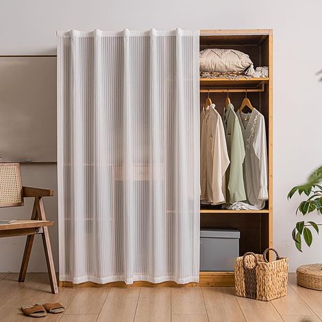 80 cm x 200 cm Rideau de placard lavable - Modèle coulissant anti-poussière, sans perçage grâce à sa tringle auto-adhésive silencieuse