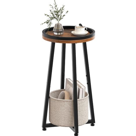 Table d’Appoint Ronde à 2 Niveaux, Petit Bout de Canapé avec Panier en Tissu, Table à Café avec barrière et Corbeille Beige, pour Petits espaces, Salon, dortoir, Marron Rustique EBF183BZ01 (1/5)